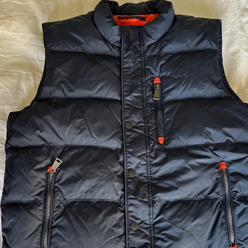 Orvis Navy Puffer Vest with Red Accents
